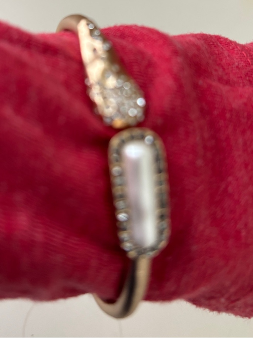Elegant Pearl like Stone and Crystal Open Bangle Bracelet